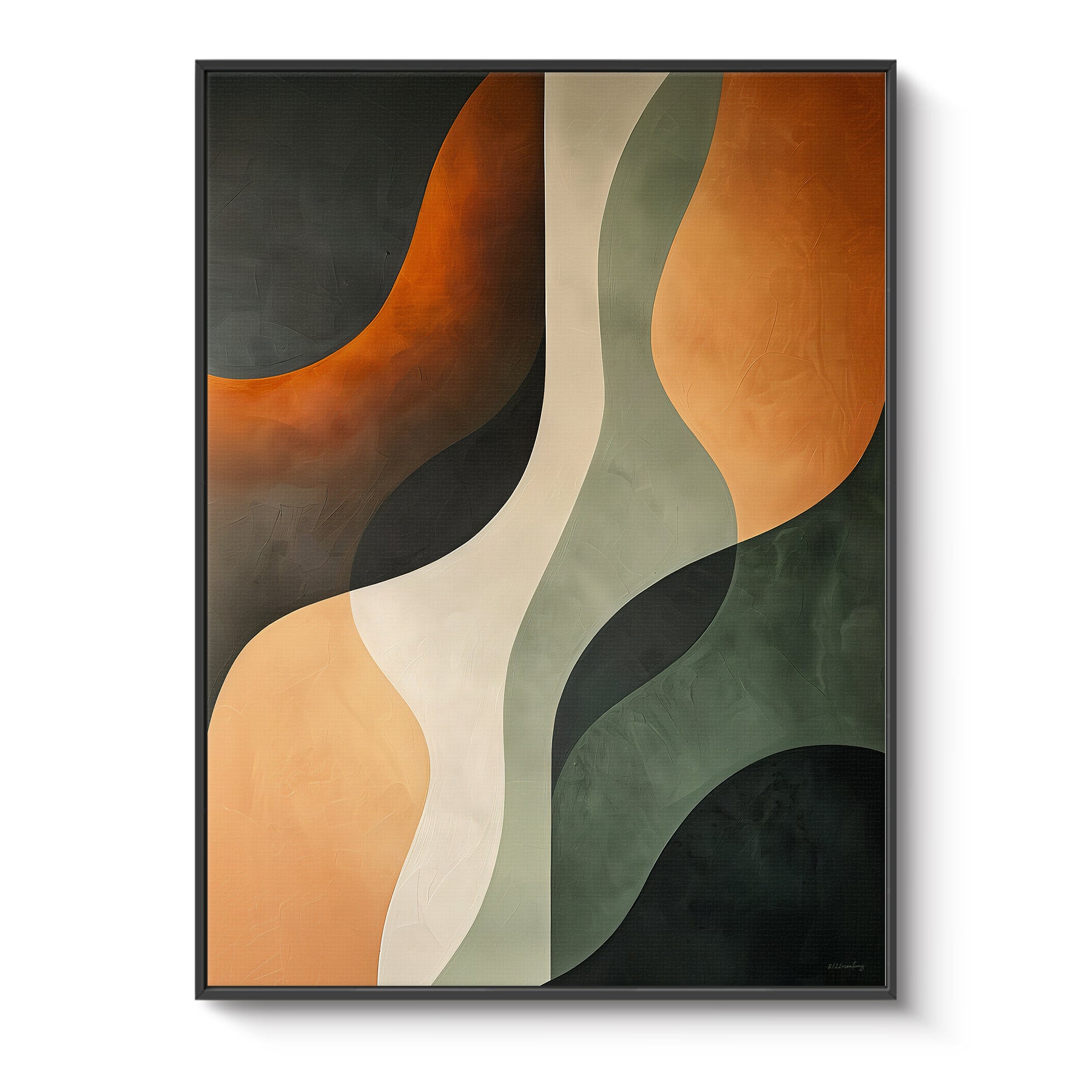 Framed canvas print with vertical sage and cream curves flanked by burnt orange and rust — bold earthy wall art in a black floating frame